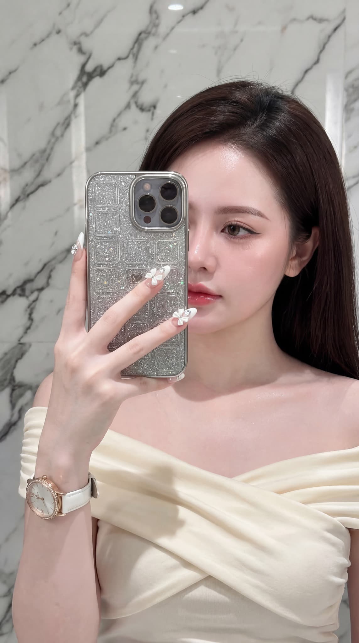 AI Prompt: Kneeling Mirror Selfie with Coquette Loungewear at Home