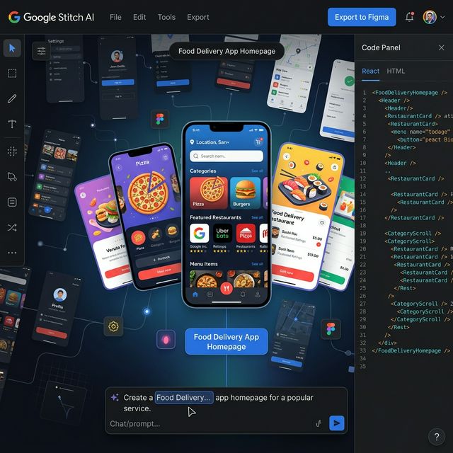 Google Stitch AI — infinite canvas AI design tool generating UI from prompts with Figma and React code export