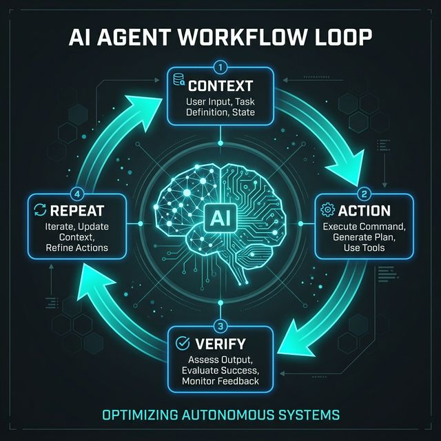 AI Agent Workflow Loop — Context → Action → Verify → Repeat cycle