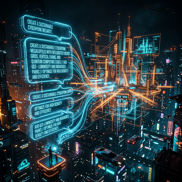 Abstract illustration showing evolution from simple command lines to natural AI communication.