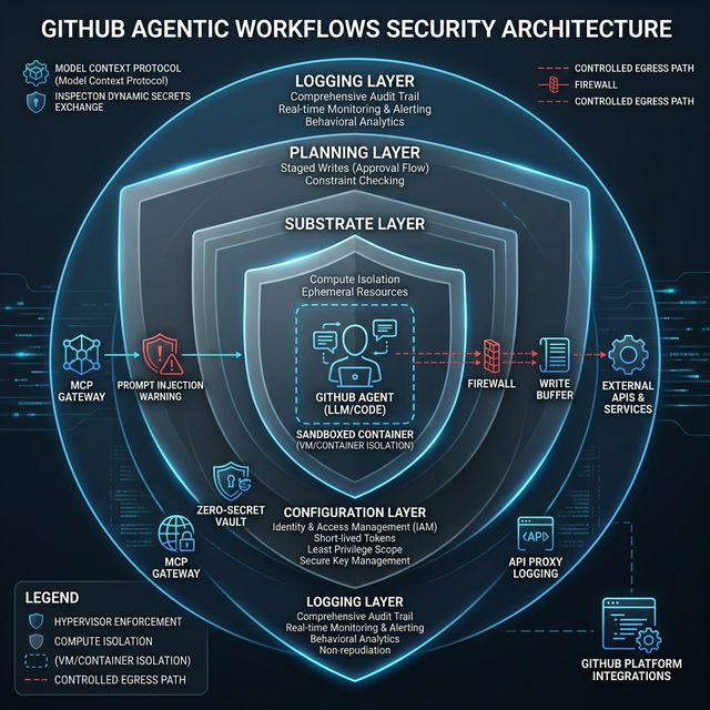 GitHub Agentic Workflows security — layered defense model with substrate, configuration, and planning layers