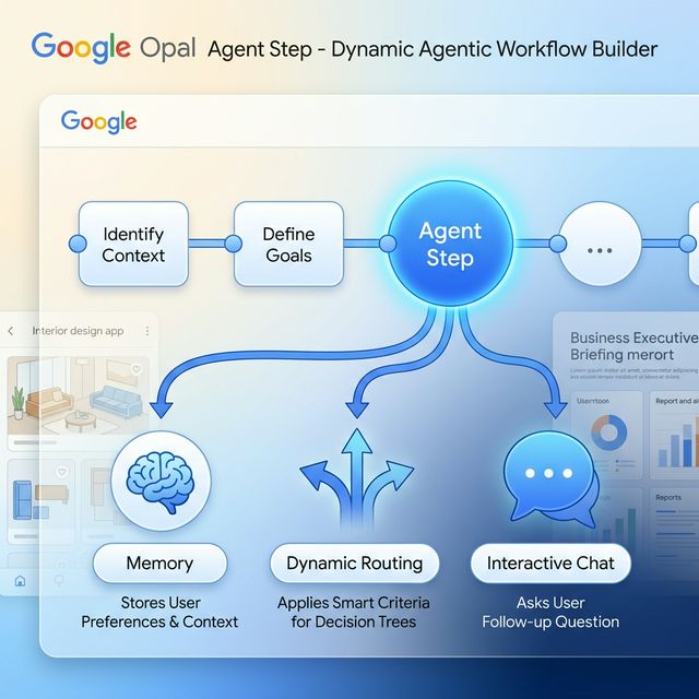 Google Opal agent step — dynamic workflow with Memory, Dynamic Routing, and Interactive Chat
