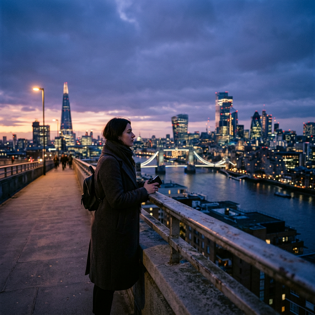 Blue Hour — blue-purple twilight ambience over city skyline, contemplative art-film quality