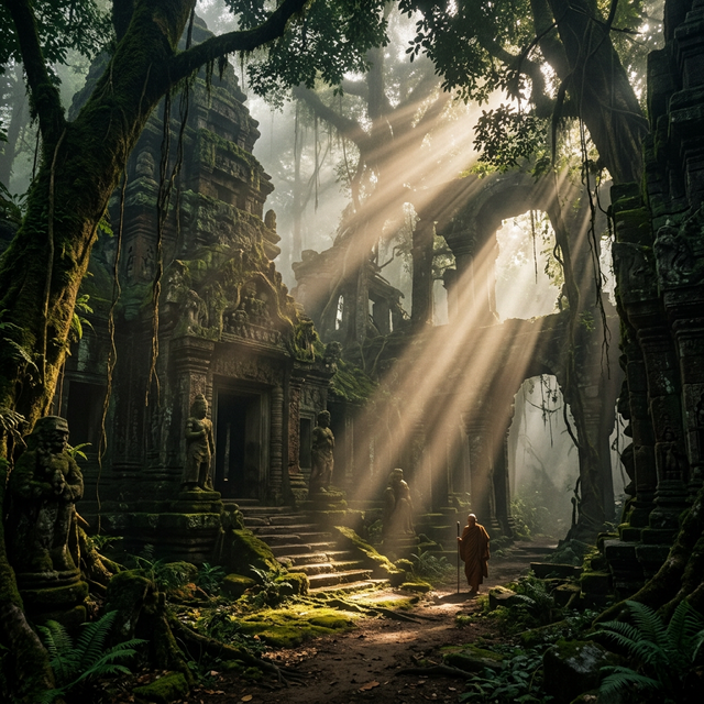 Volumetric God Rays — visible light beams scattering through dust and fog in ancient temple