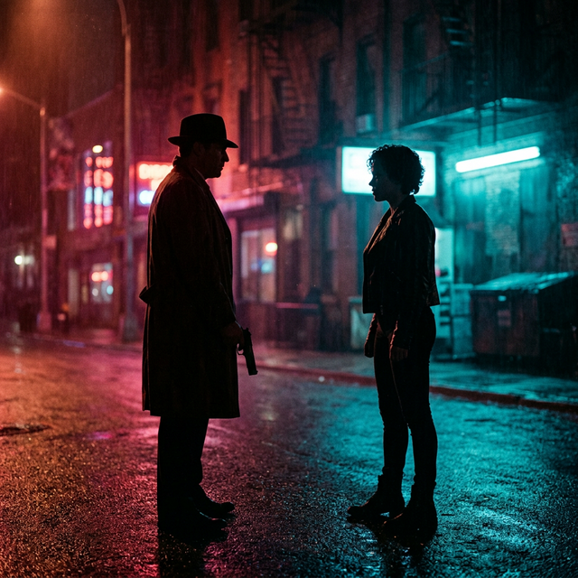 Dual Subject Color Silhouette — two opposing silhouettes with magenta vs cyan background split, noir confrontation