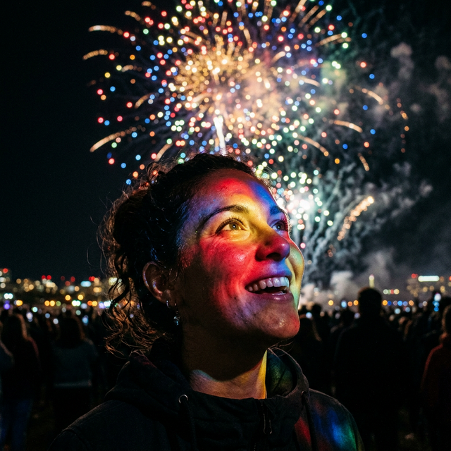 Dynamic Firework Reflection — multi-color firework bursts creating reactive facial lighting in celebration