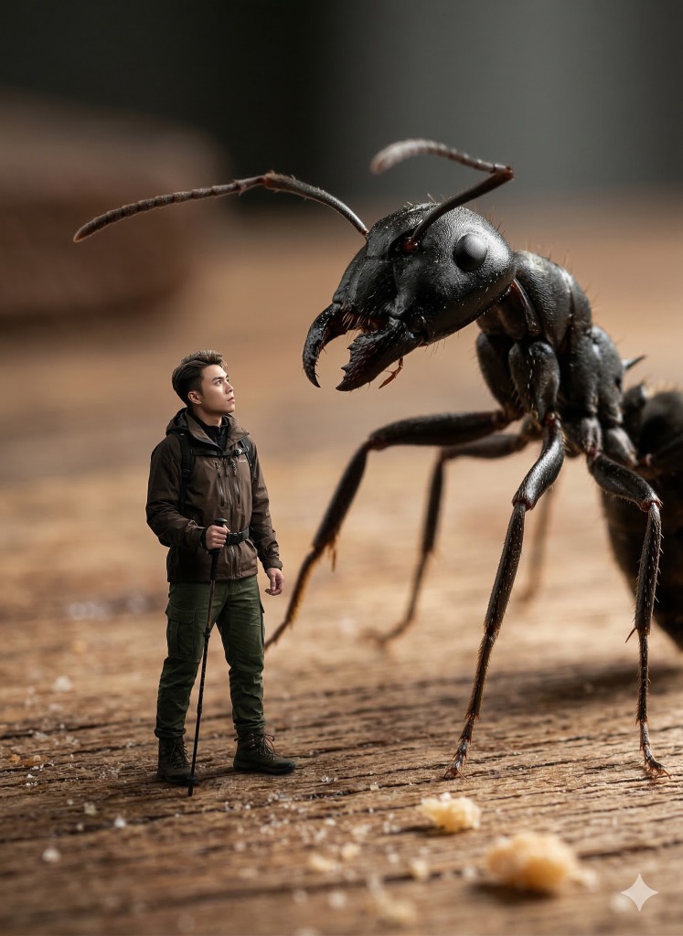 Miniature human facing a giant ant