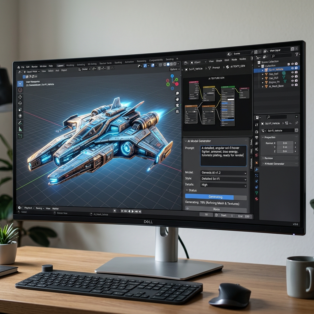 Giao diện Blender 3D hiển thị một tàu vũ trụ sci-fi đang được tinh chỉnh bởi một bảng điều khiển AI Plugin tạo vật liệu (Texture) ngay bên góc màn hình.