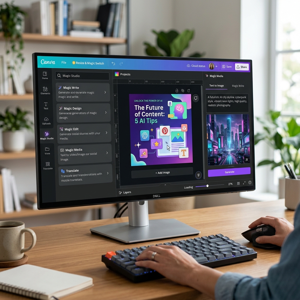 Màn hình người dùng đang dùng chuột vi tính tinh chỉnh các công cụ AI trong bộ tính năng Magic Studio của Canva