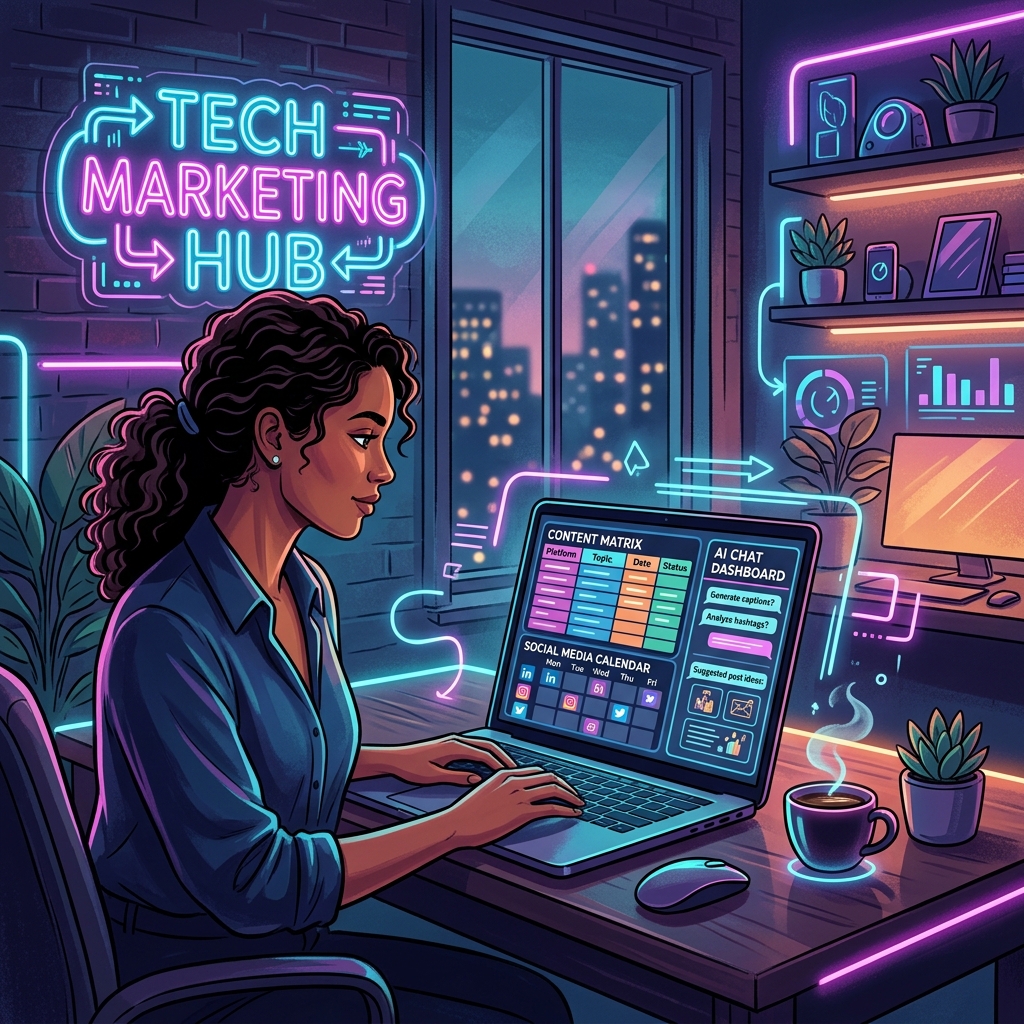 A dynamic workspace of a Content Creator featuring a content matrix and an AI dashboard to aid brainstorming.