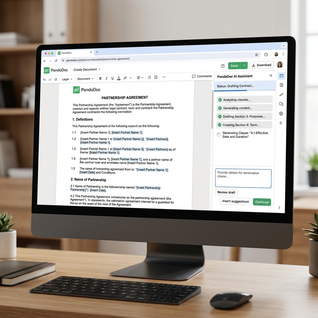 Màn hình soạn thảo tài liệu PandaDoc. Giao diện đang hiển thị một hợp đồng Đối tác B2B, kèm một thanh Sidebar trợ lý AI đang tự động phân tích và tạo luồng điều khoản mới.