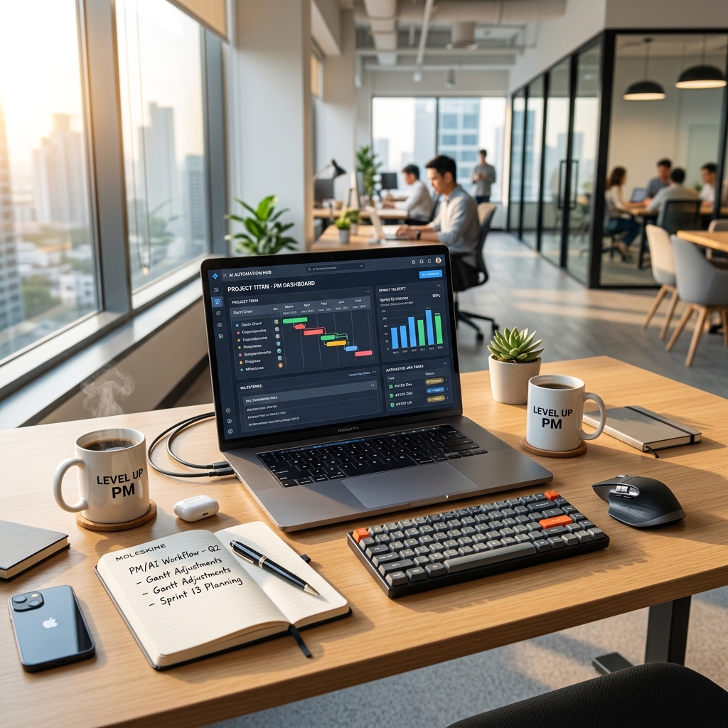 Bàn làm việc của Project Manager được tổ chức tỉ mỉ với màn hình hiển thị biểu đồ Gantt và JIRA tự động được phân tích bởi AI.