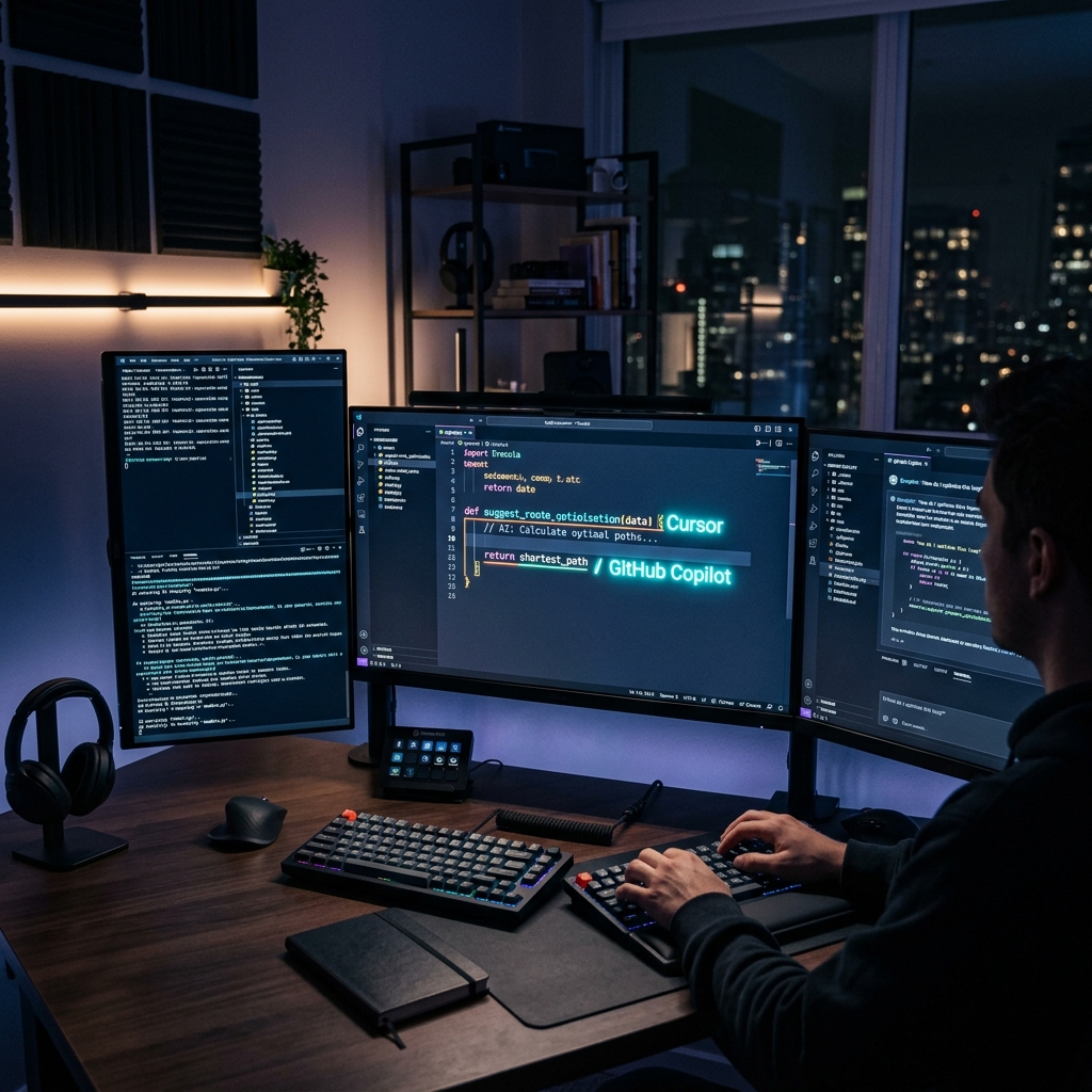 A modern developer's workspace with dual monitors displaying code from Cursor and GitHub Copilot smoothly with neon-highlighted AI suggestions.