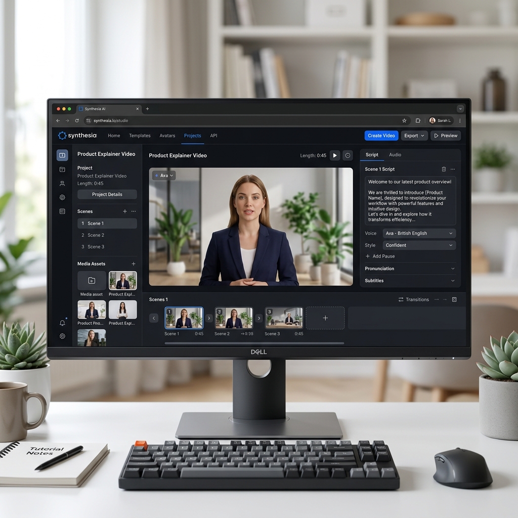 Máy tính hiển thị giao diện Synthesia tạo video đào tạo chuyên nghiệp. Có hình ảnh Avatar nữ thực tế ở giữa màn hình bên trên khung editor nhập văn bản Text-to-Speech.