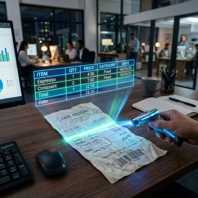 A stack of invoices and receipts being processed digitally.