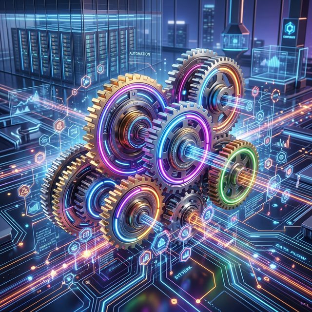 Interconnected gears and circuits representing automated workflow connections.