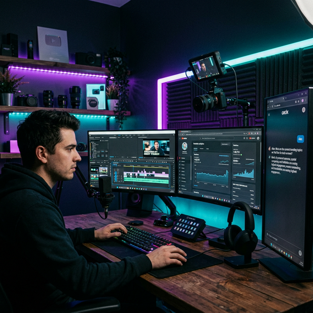 Cinematic Grok AI workspace with YouTube analytics and timelines